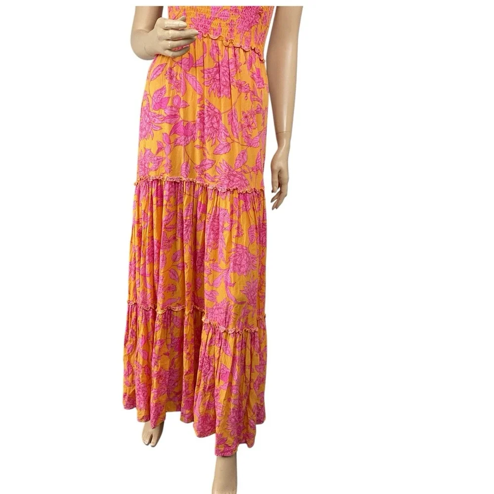 Abel The Label ATL‎ Strapless Tiered Maxi Dress Smocked Bodice Floral Hippie